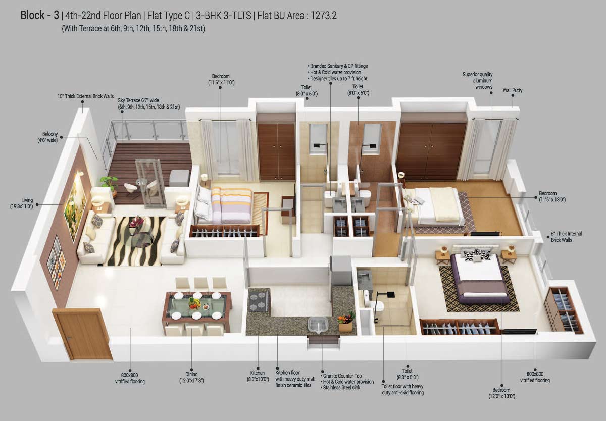 Floor plan of 3 BHK 1273 Sq. Ft. Apartment in Merlin 5th Avenue, Kolkata