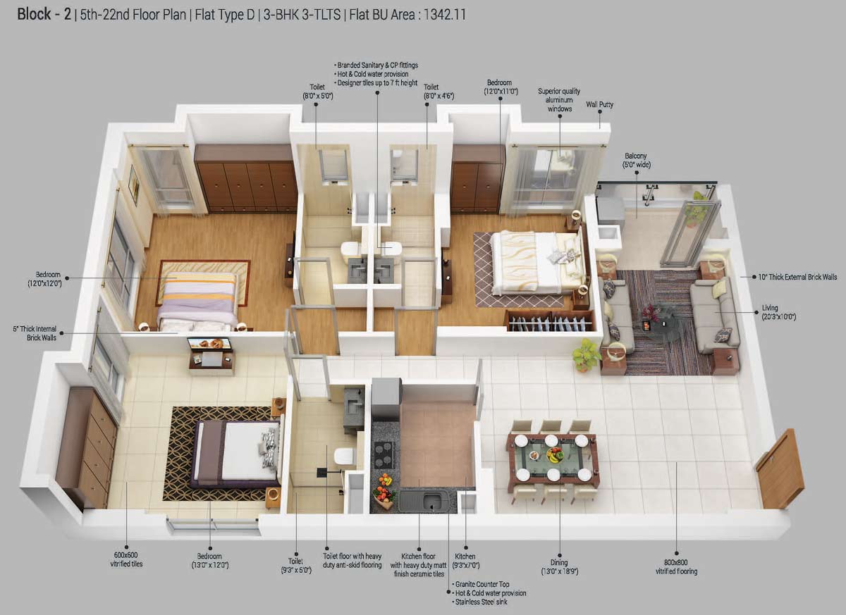 Floor plan of 3 BHK 1342 Sq. Ft. Apartment in Merlin 5th Avenue, Kolkata