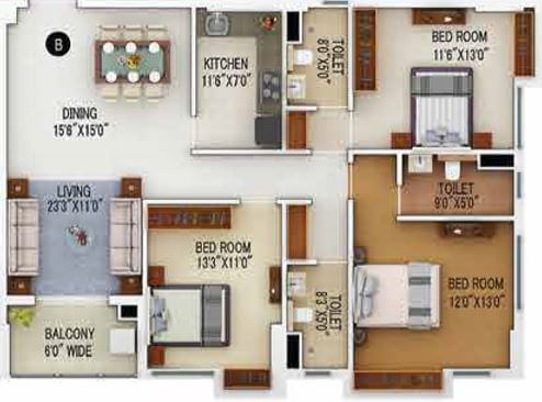 Floor plan of 3 BHK 1420 Sq. Ft. Apartment in Merlin 5th Avenue, Kolkata