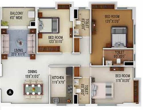 Floor plan of 3 BHK 1435 Sq. Ft. Apartment in Merlin 5th Avenue, Kolkata