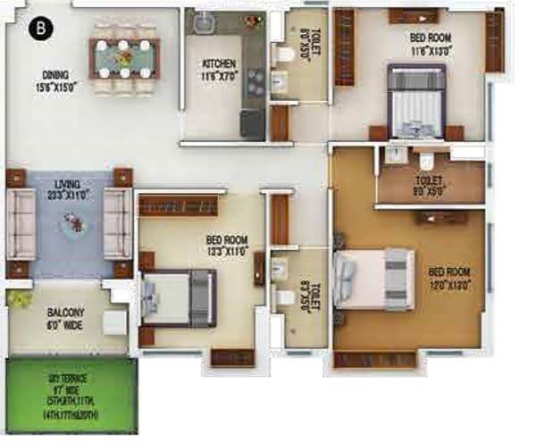 Floor plan of 3 BHK 1461 Sq. Ft. Apartment in Merlin 5th Avenue, Kolkata