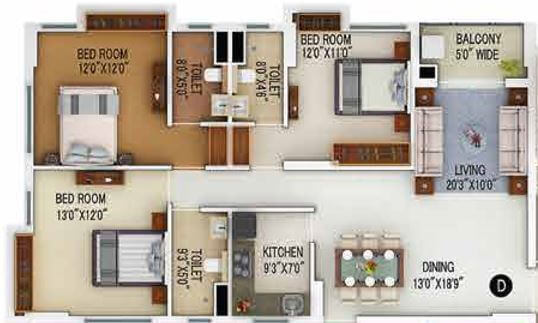 Floor plan of 3 BHK 1807 Sq. Ft. Apartment in Merlin 5th Avenue, Kolkata