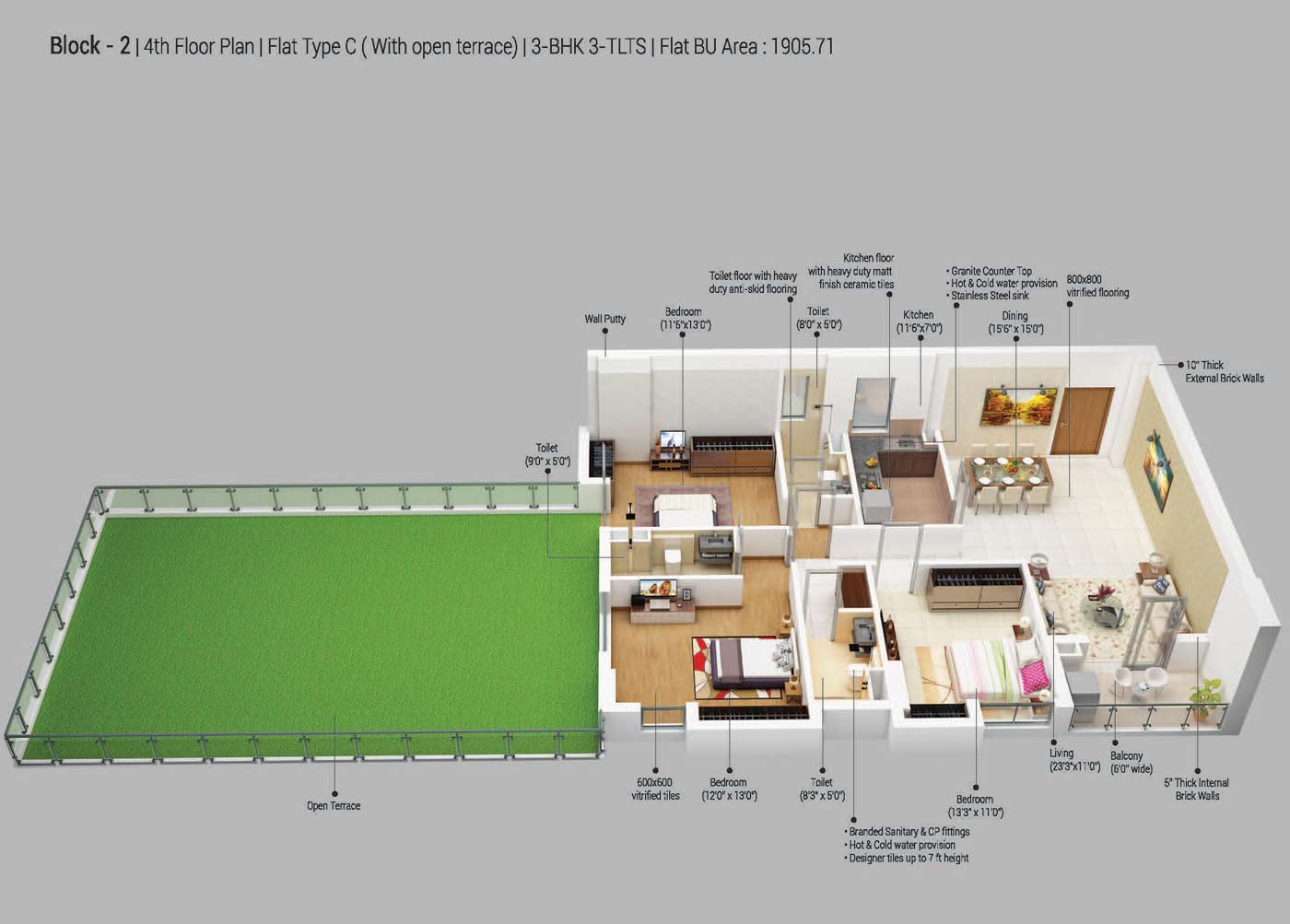 Floor plan of 3 BHK 1906 Sq. Ft. Apartment in Merlin 5th Avenue, Kolkata