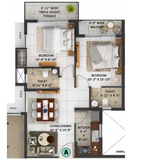 2 BHK 627 Sq. Ft. Apartment in Merlin Avana