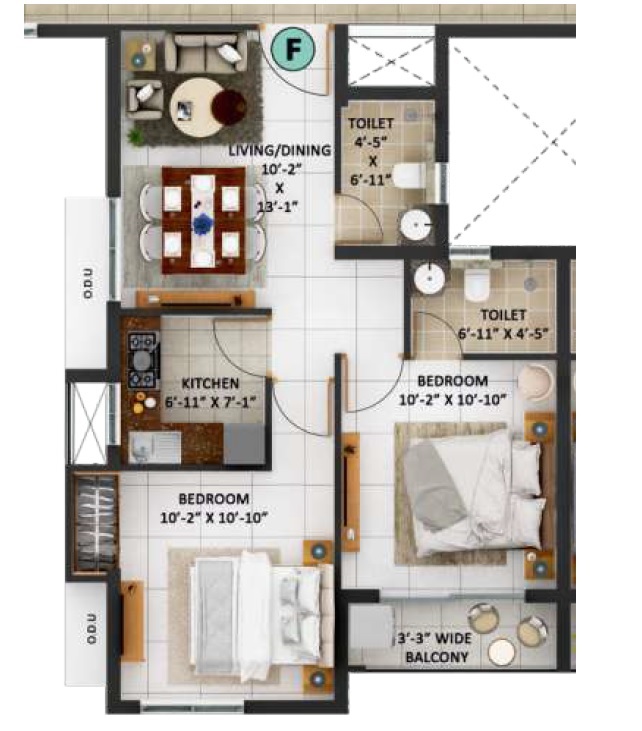 2 BHK 627 Sq. Ft. Apartment in Merlin Avana