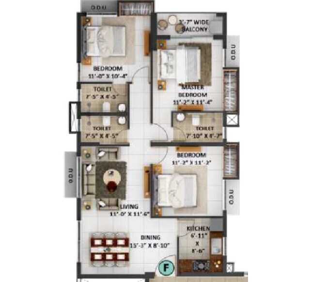 Floor plan of 3 BHK 1037 Sq. Ft. Apartment in Merlin Avana, Kolkata