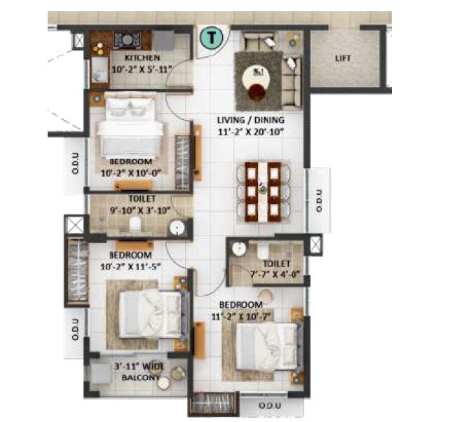 3 BHK 894 Sq. Ft. Apartment