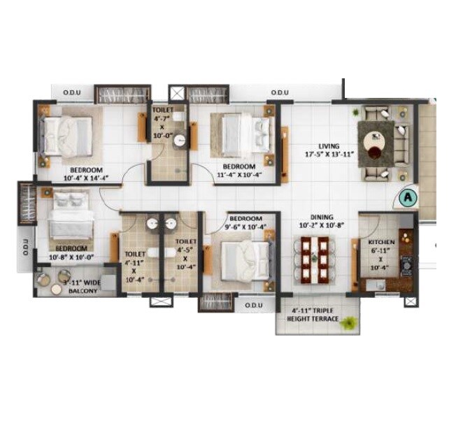 Floor plan of 4 BHK 1486 Sq. Ft. Apartment in Merlin Avana, Kolkata