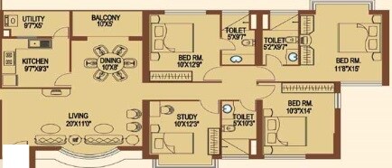Floor plan of 3 BHK 2070 Sq. Ft. Apartment in Merlin Cambridge, Kolkata