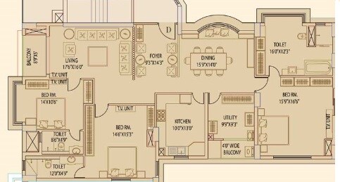 Floor plan of 4 BHK 3515 Sq. Ft. Apartment in Merlin Cambridge, Kolkata