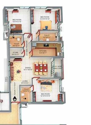 3 BHK 974 Sq. Ft. Apartment in Merlin Elements