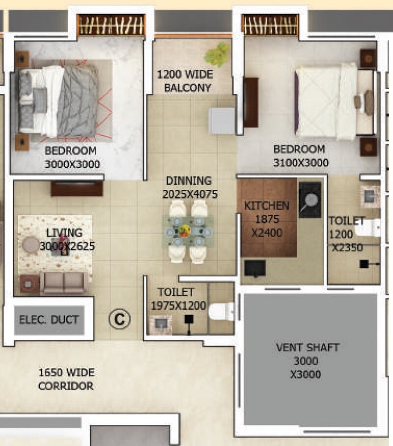 Floor plan of 2 BHK 602 Sq. Ft. Apartment in Merlin Gangotri, Kolkata