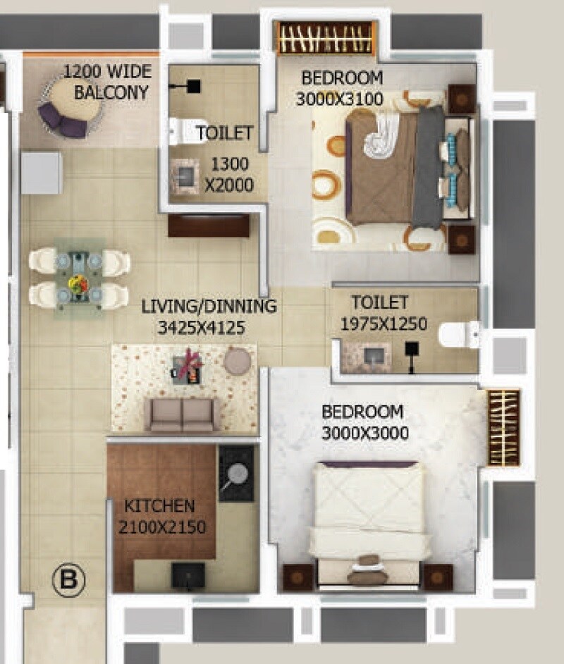 Floor plan of 2 BHK 608 Sq. Ft. Apartment in Merlin Gangotri, Kolkata