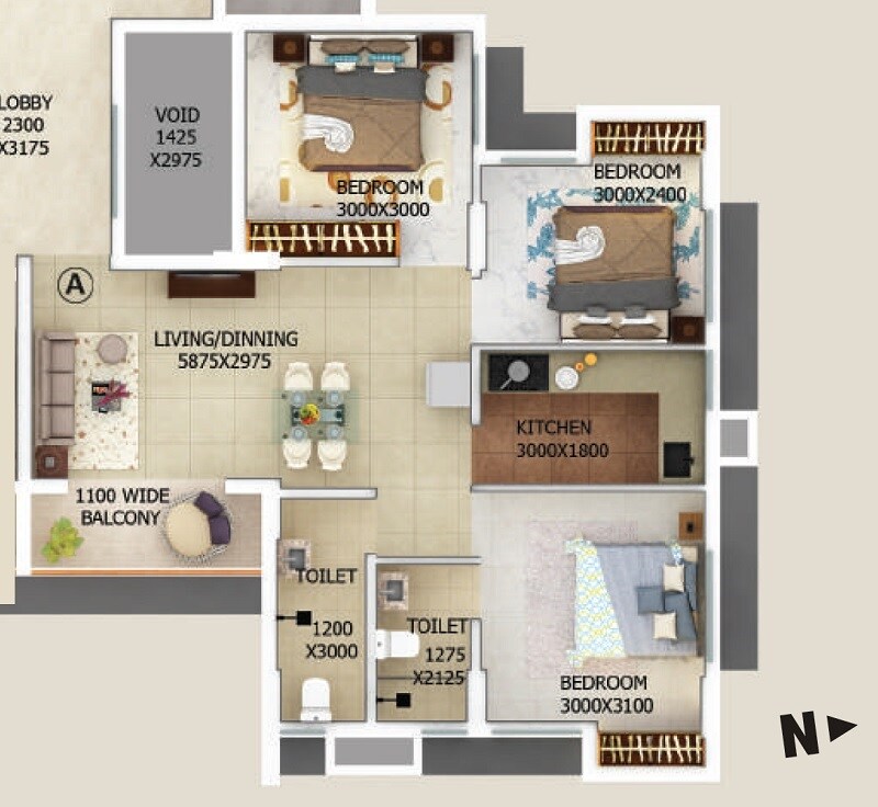 Floor plan of 3 BHK 762 Sq. Ft. Apartment in Merlin Gangotri, Kolkata