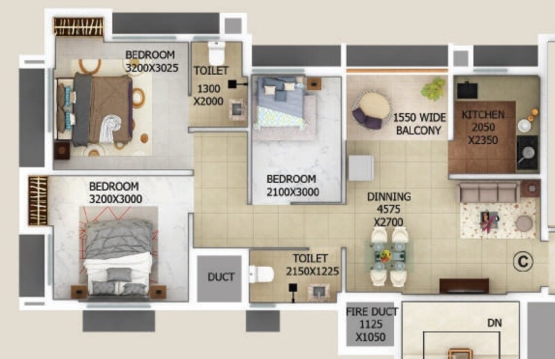 Floor plan of 3 BHK 791 Sq. Ft. Apartment in Merlin Gangotri, Kolkata