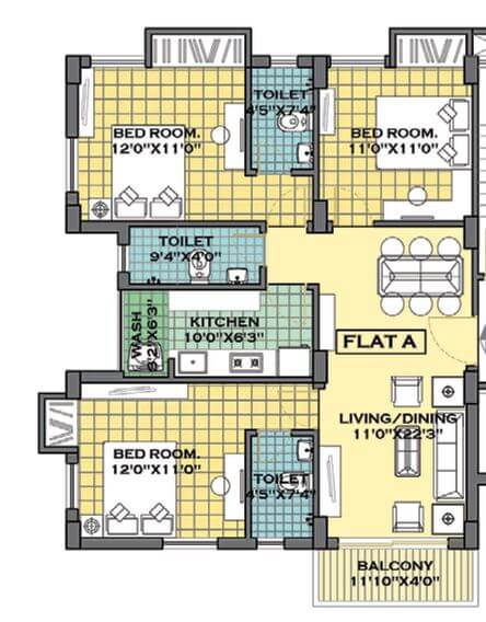 Floor plan of 3 BHK 1085 Sq. Ft. Apartment in Merlin Iland, Kolkata
