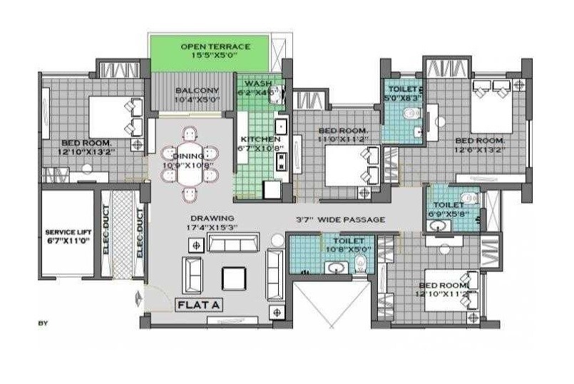 Floor plan of 4 BHK 1569 Sq. Ft. Apartment in Merlin Iland, Kolkata