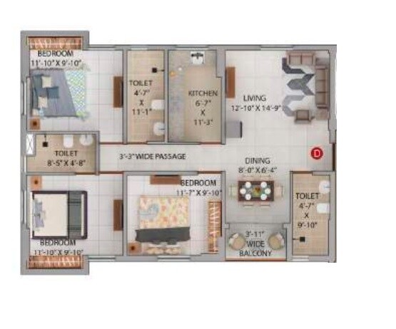 Floor plan of 3 BHK 830 Sq. Ft. Apartment in Merlin Iris, Kolkata