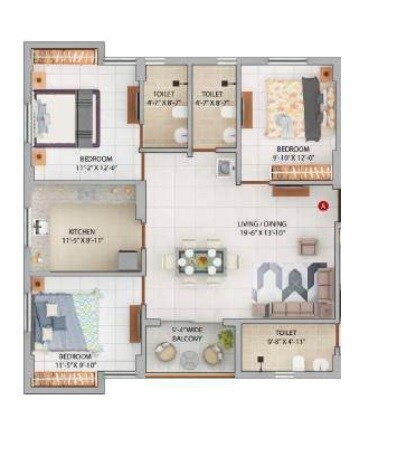 Floor plan of 3 BHK 907 Sq. Ft. Apartment in Merlin Iris, Kolkata