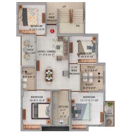 Floor plan of 4 BHK 1017 Sq. Ft. Apartment in Merlin Iris, Kolkata