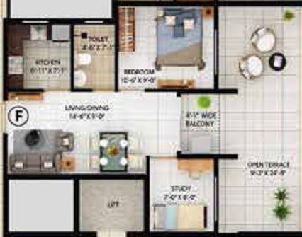 Floor plan of 1 BHK 490 Sq. Ft. Apartment in Merlin Lakescape, Kolkata