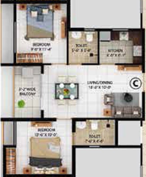 Floor plan of 2 BHK 662 Sq. Ft. Apartment in Merlin Lakescape, Kolkata