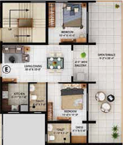 Floor plan of 2 BHK 677 Sq. Ft. Apartment in Merlin Lakescape, Kolkata