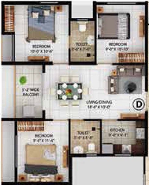 Floor plan of 3 BHK 770 Sq. Ft. Apartment in Merlin Lakescape, Kolkata