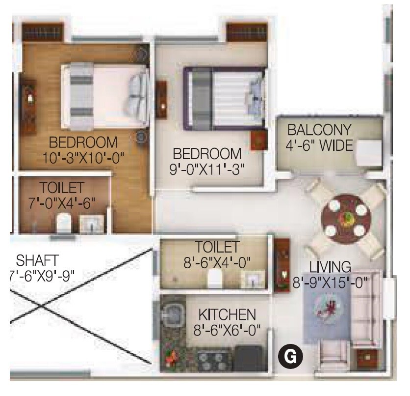 Floor plan of 2 BHK 840 Sq. Ft. Apartment in Merlin Maximus, Kolkata