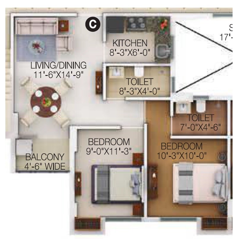Floor plan of 2 BHK 856 Sq. Ft. Apartment in Merlin Maximus, Kolkata