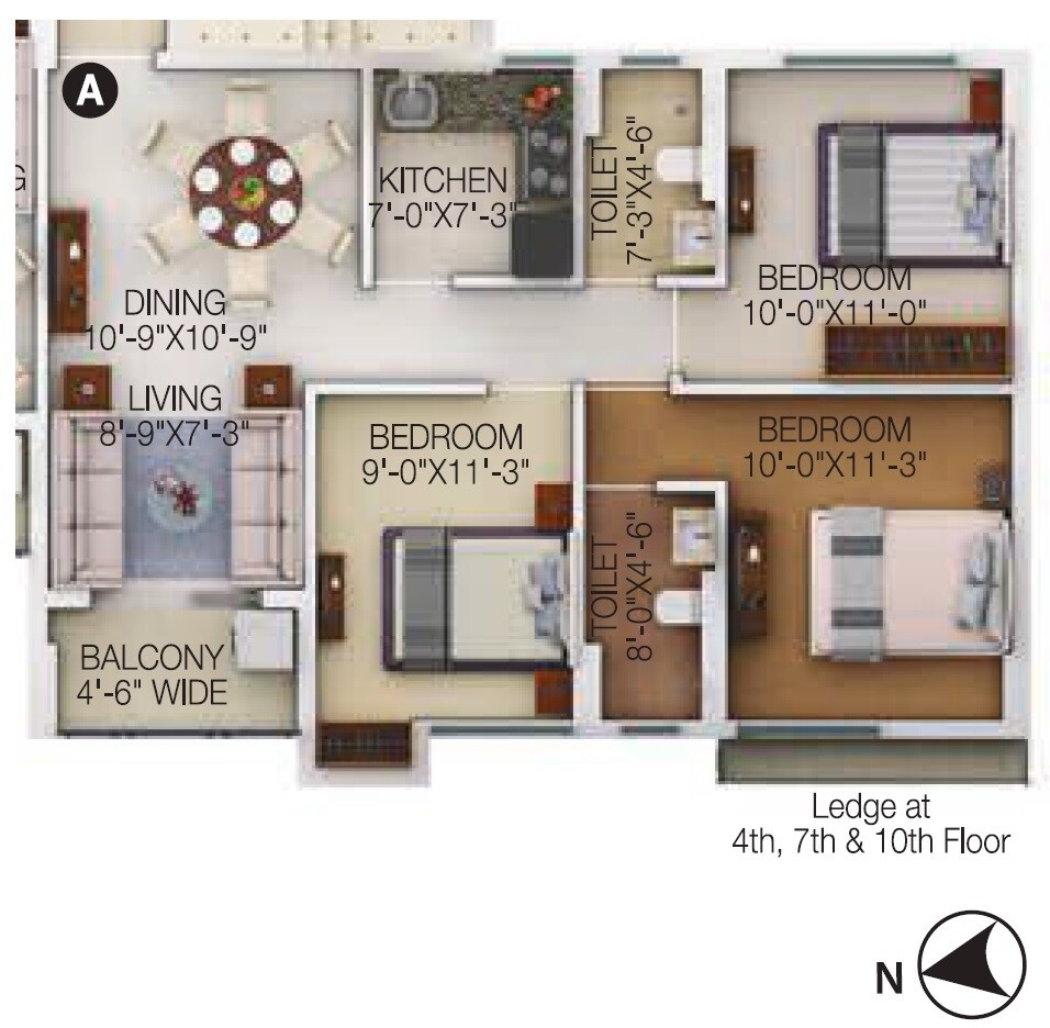 Floor plan of 3 BHK 1098 Sq. Ft. Apartment in Merlin Maximus, Kolkata