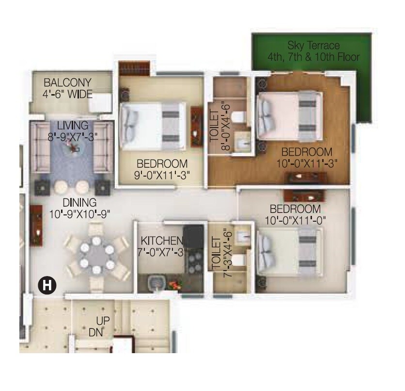 Floor plan of 3 BHK 1131 Sq. Ft. Apartment in Merlin Maximus, Kolkata