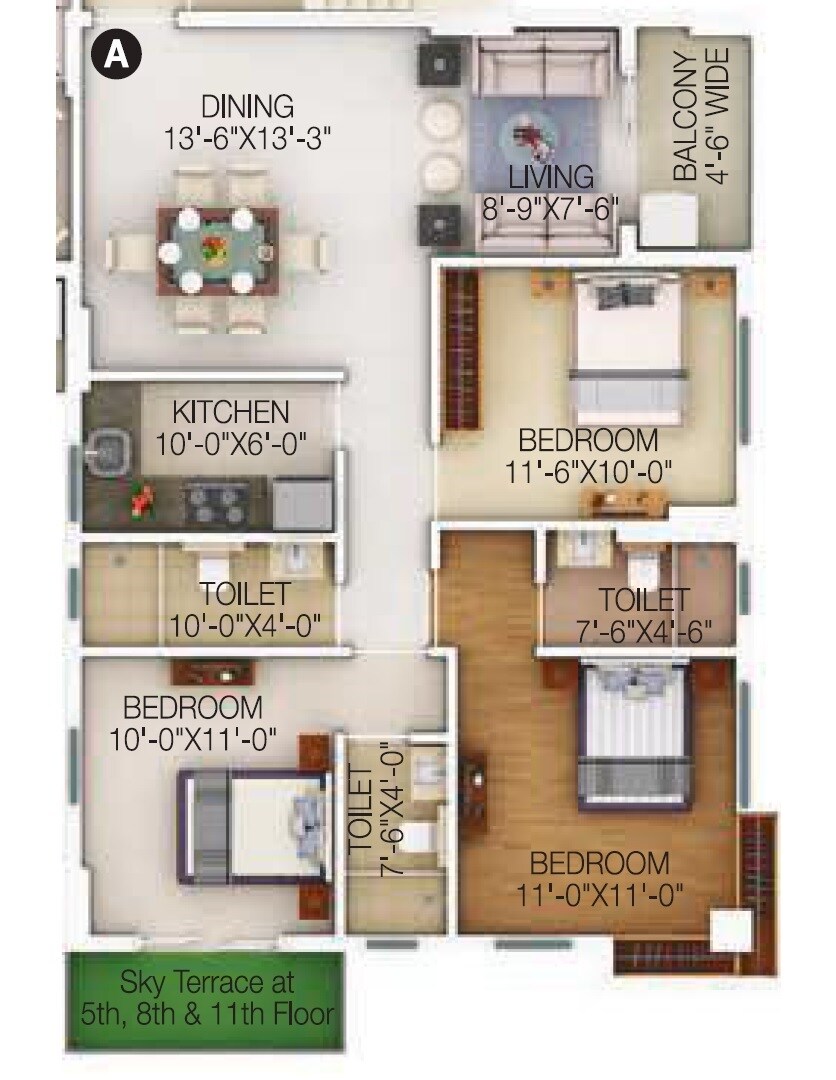 Floor plan of 3 BHK 1326 Sq. Ft. Apartment in Merlin Maximus, Kolkata