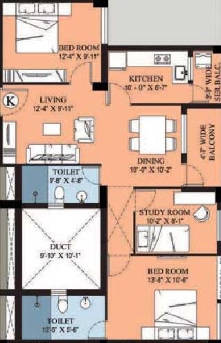 Floor plan of 2 BHK 1300 Sq. Ft. Apartment in Merlin Crest, Kolkata