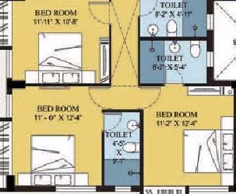 Floor plan of 3 BHK 1380 Sq. Ft. Apartment in Merlin Crest, Kolkata
