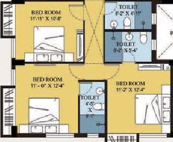 Floor plan of 3 BHK 1400 Sq. Ft. Apartment in Merlin Crest, Kolkata
