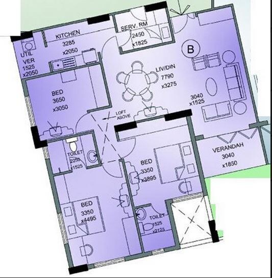 Floor plan of 3 BHK 1540 Sq. Ft. Apartment in Merlin Regency, Kolkata