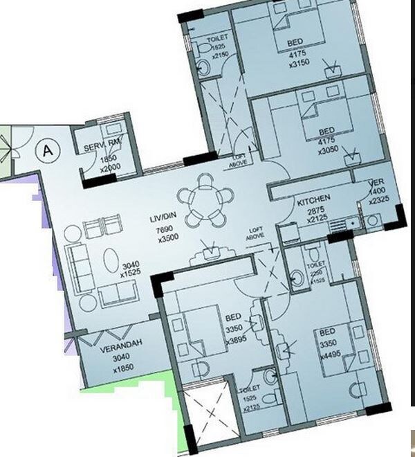 Floor plan of 4 BHK 2553 Sq. Ft. Apartment in Merlin Regency, Kolkata