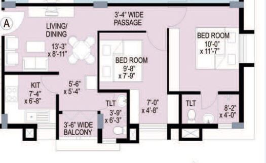Floor plan of 2 BHK 726 Sq. Ft. Apartment in Merlin Uttara, Kolkata