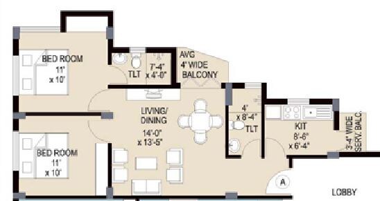 Floor plan of 2 BHK 913 Sq. Ft. Apartment in Merlin Uttara, Kolkata