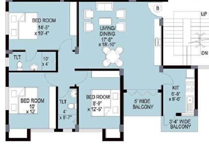 Floor plan of 3 BHK 1020 Sq. Ft. Apartment in Merlin Uttara, Kolkata