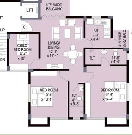 Floor plan of 3 BHK 1080 Sq. Ft. Apartment in Merlin Uttara, Kolkata