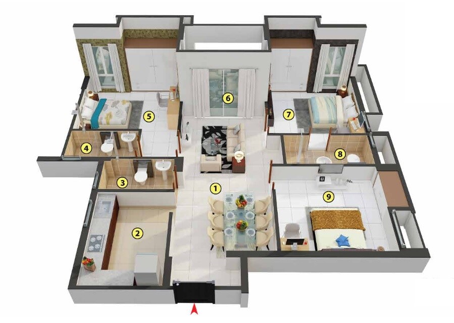 Floor plan of 3 BHK 1001 Sq. Ft. Apartment in Merlin Next, Kolkata