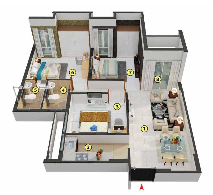 Floor plan of 3 BHK 792 Sq. Ft. Apartment in Merlin Next, Kolkata
