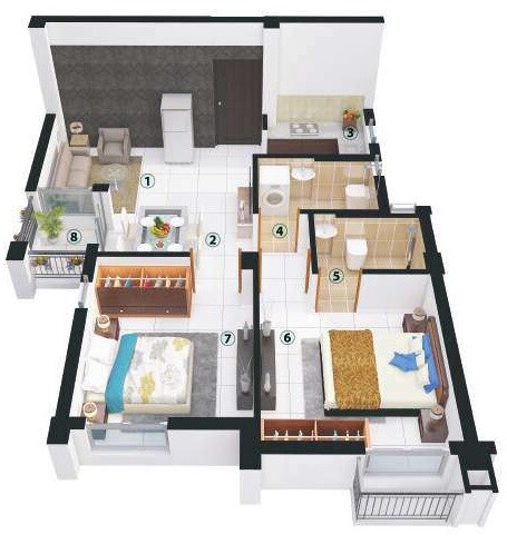Floor plan of 2 BHK 576 Sq. Ft. Apartment in Merlin Oikyo, Kolkata