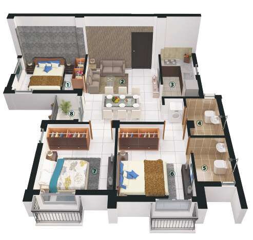 Floor plan of 3 BHK 681 Sq. Ft. Apartment in Merlin Oikyo, Kolkata