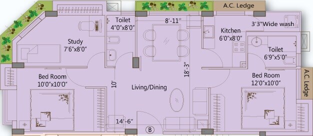 Floor plan of 2 BHK 1061 Sq. Ft. Apartment in Merlin Ornate, Kolkata