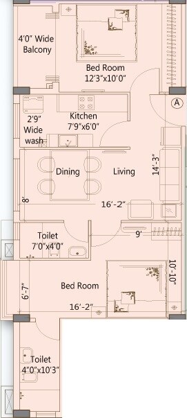 Floor plan of 2 BHK 904 Sq. Ft. Apartment in Merlin Ornate, Kolkata
