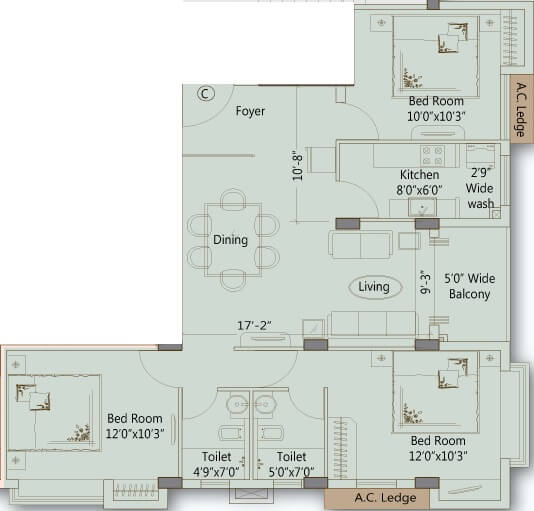 Floor plan of 3 BHK 1301 Sq. Ft. Apartment in Merlin Ornate, Kolkata