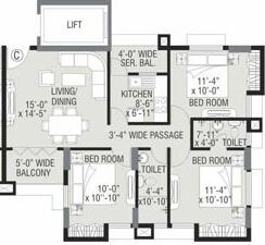 Floor plan of 3 BHK 1054 Sq. Ft. Apartment in Merlin Paradise, Kolkata